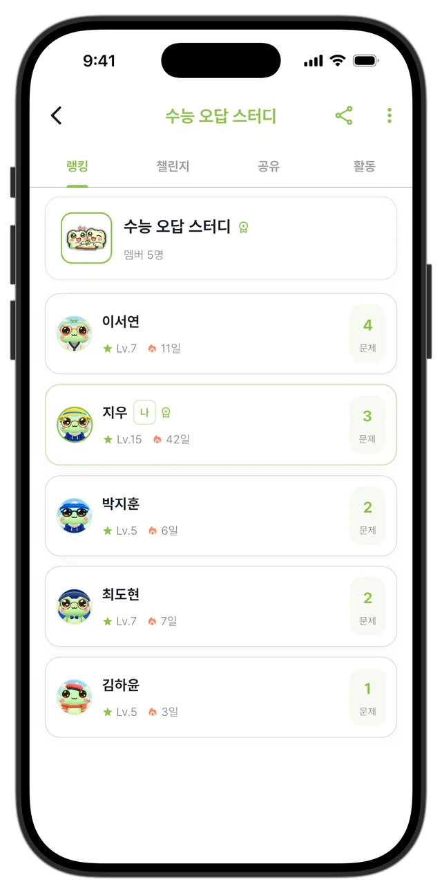 스터디룸 멤버 랭킹 화면
