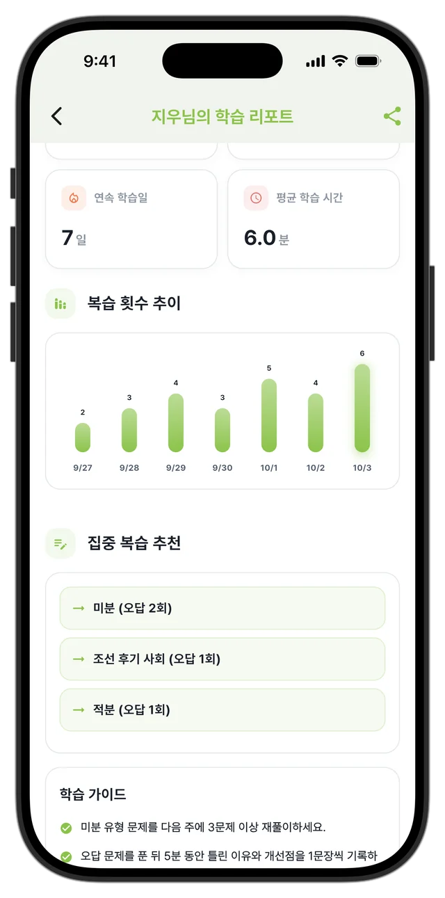 일주일 복습 횟수 막대그래프와 집중 복습 추천